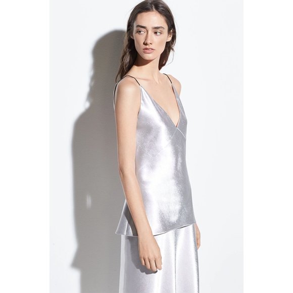 Vince Metallic Satin V-Neck Cami Sleeveless Skinny Strap Camisole Tank Silver XS - Picture 2 of 8